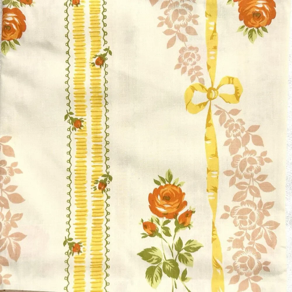Vintage JC Penney Queen Flat Sheet Floral Yellow Ribbons Bows Embroidered Hearts